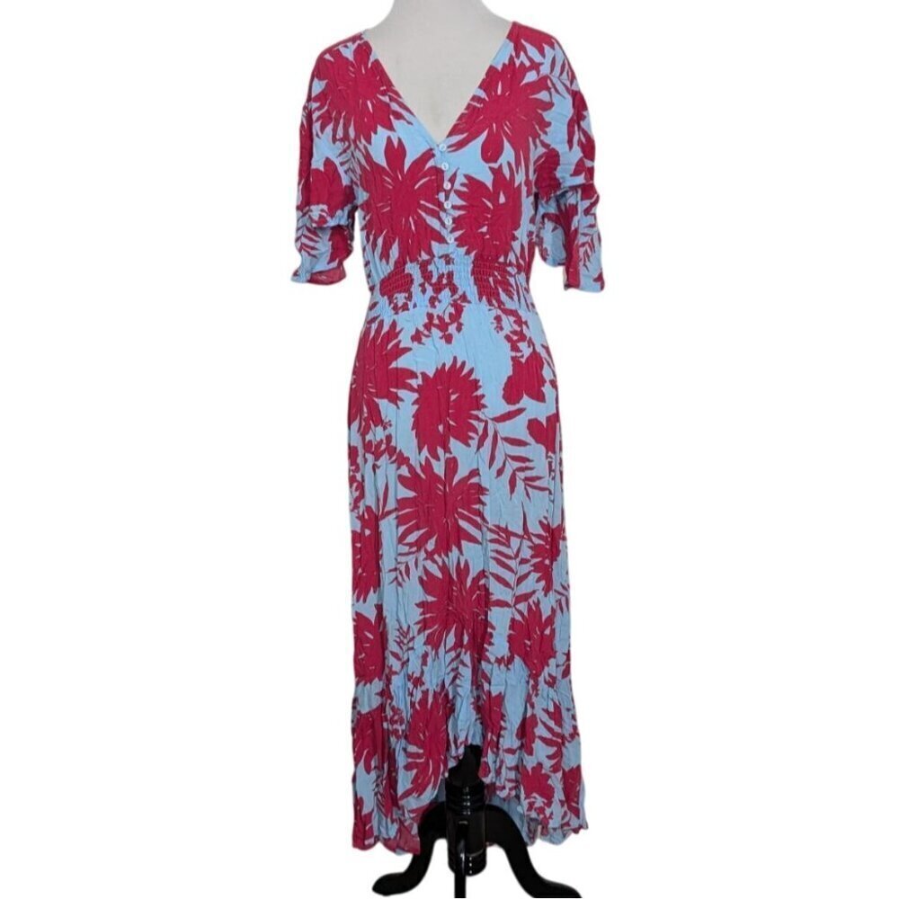 Abel the Label Floral Midi Dress Womens Size Medium Blue Smocked Waist